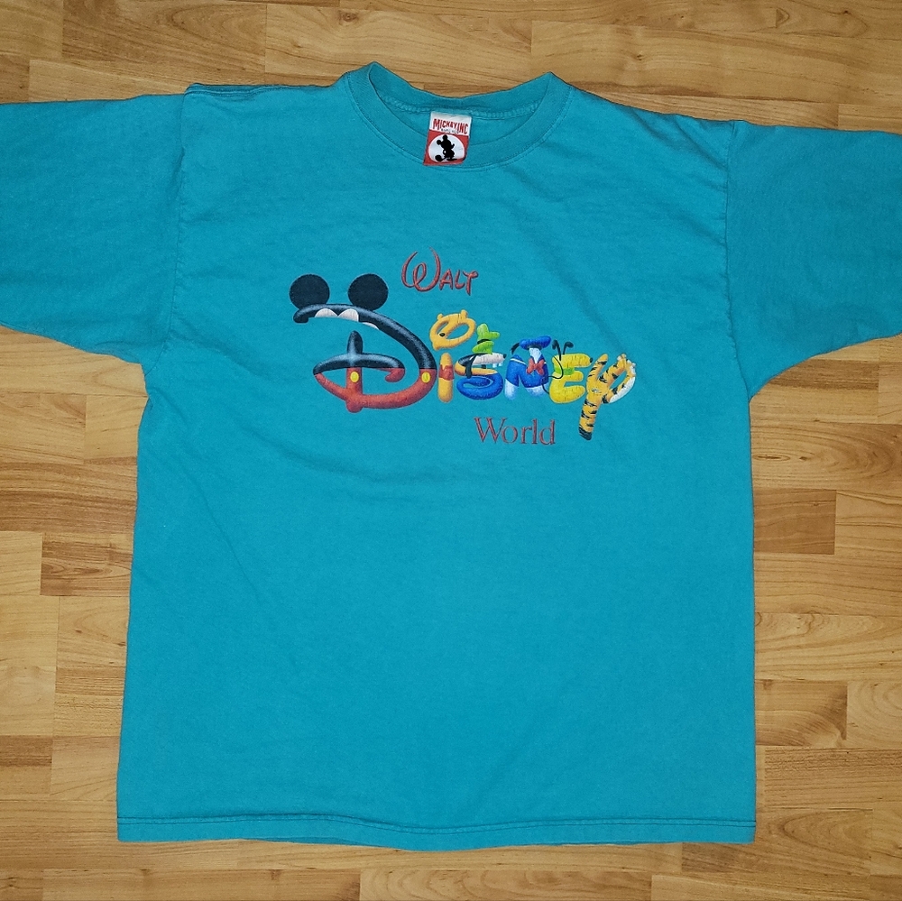 Vintage Walt Disney World 90s Mickey Inc Teal T-Shirt with Colorful Logo, XL